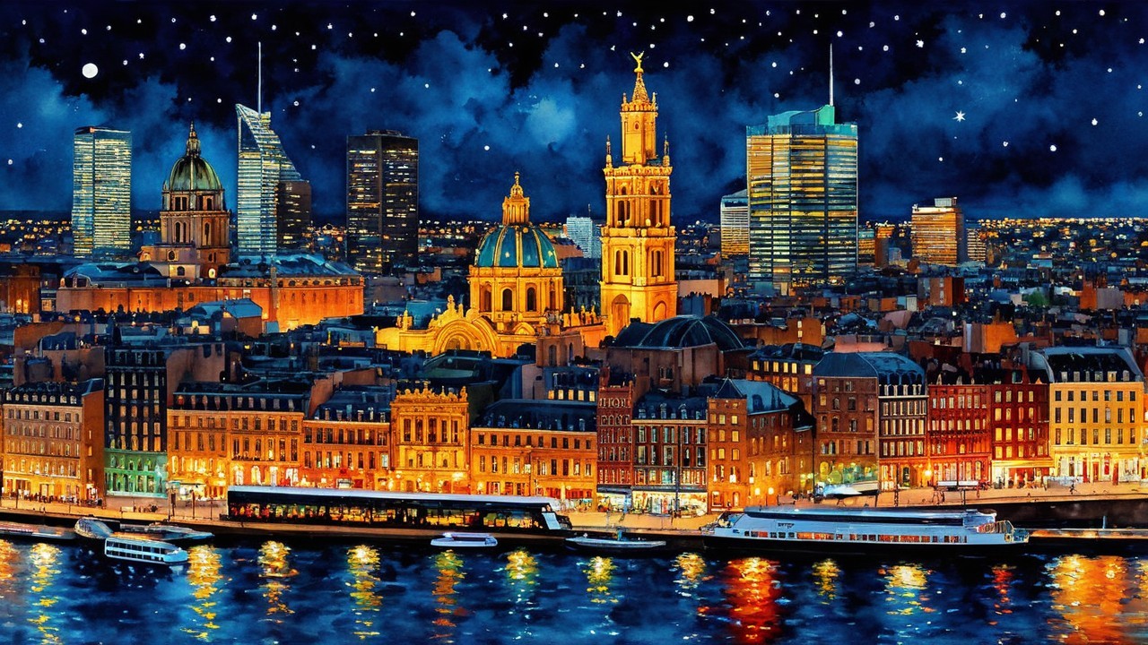 Vibrant Night Cityscape with Reflections and Stars