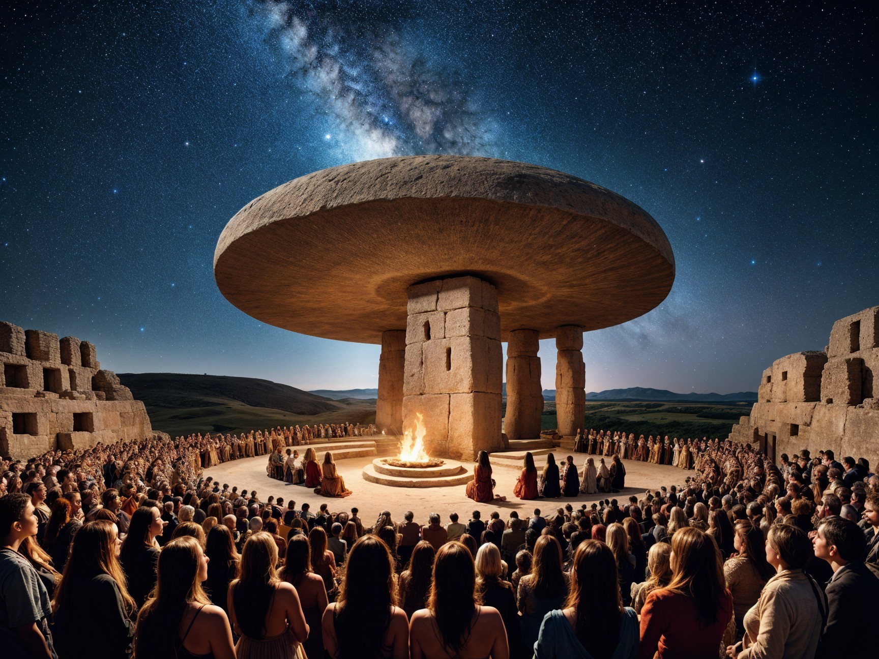 Ancient Stone Structure Surrounded by Gathering Under Stars