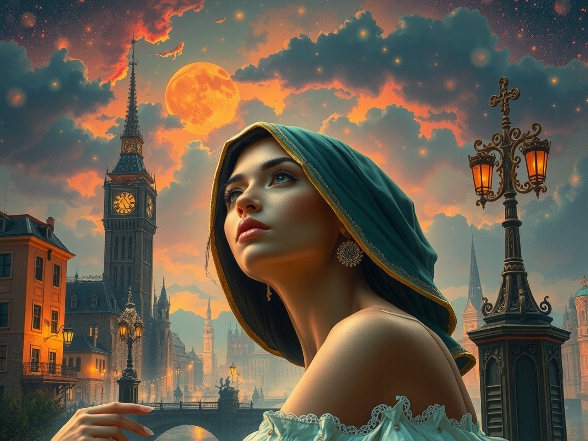 Serene Woman in White Dress Against Sunset Cityscape