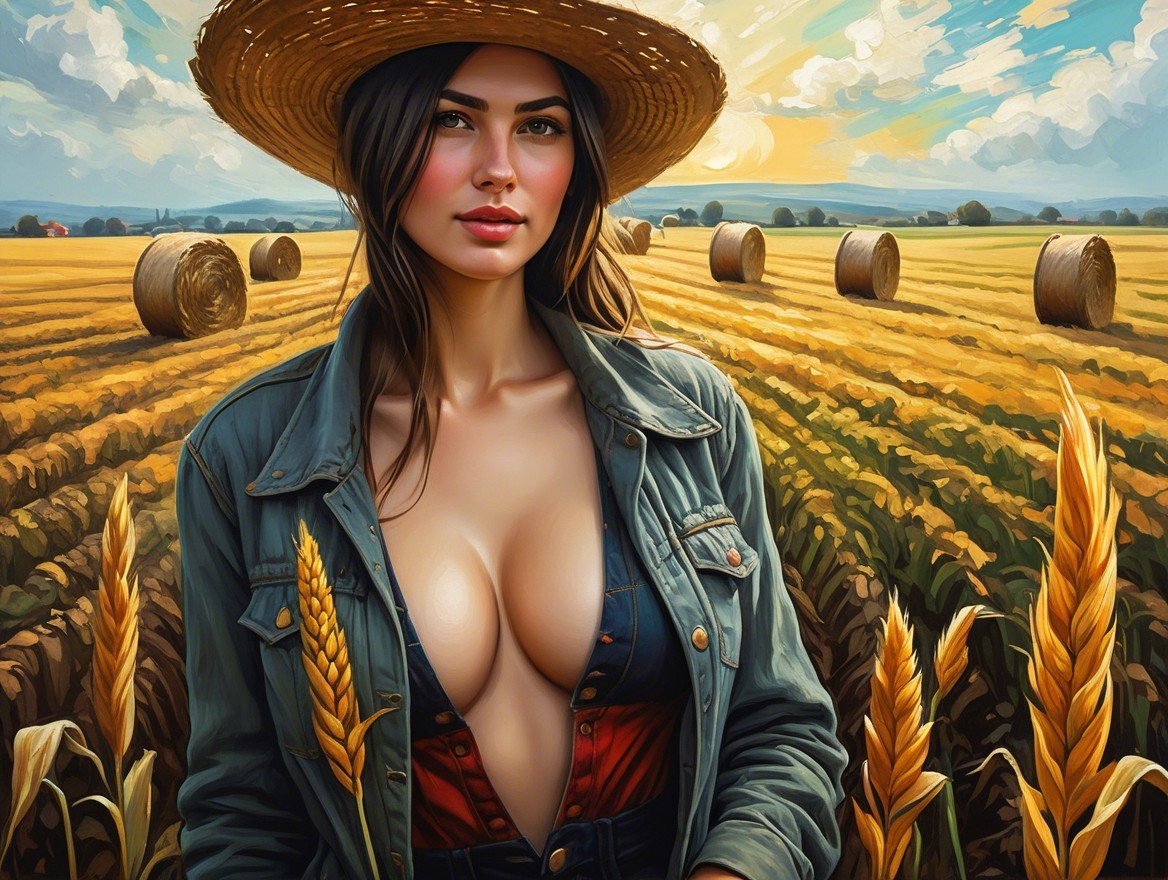 Young Woman in Wheat Field with Denim Jacket and Hat