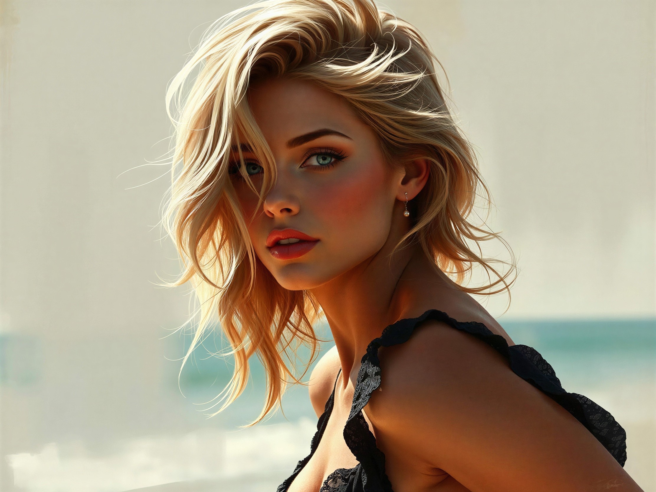 Close-up of a young woman with blue eyes at the beach