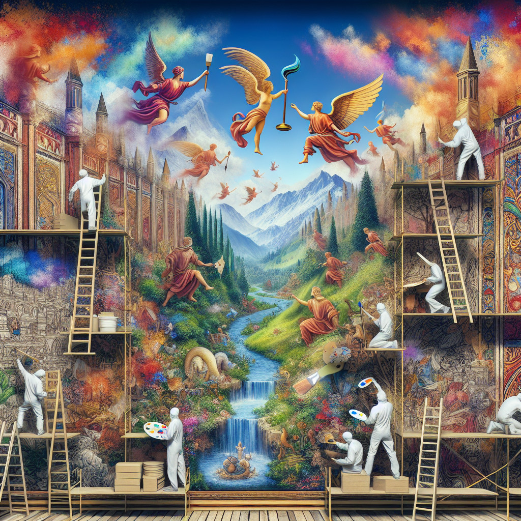 Celestial Mural Featuring Angels and Mythological Figures