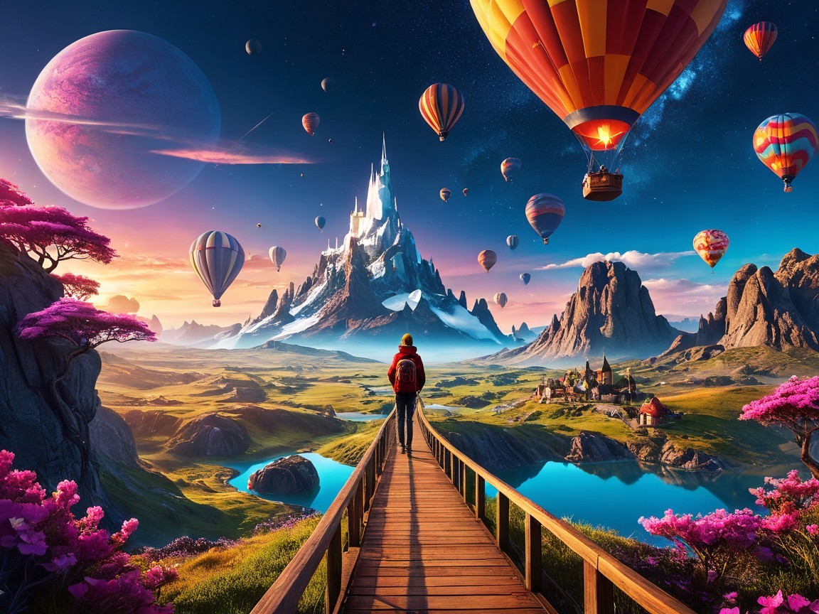 Traveler on Pathway with Mountain and Castle View