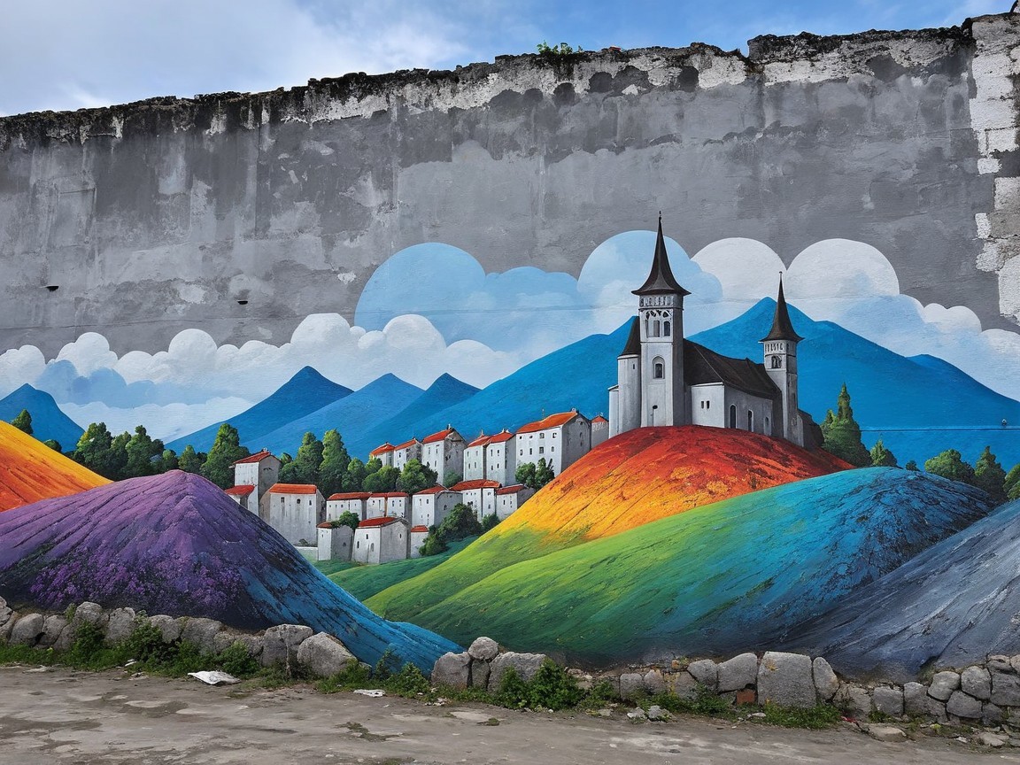 Vibrant Mural of a Fantastical Landscape and Village