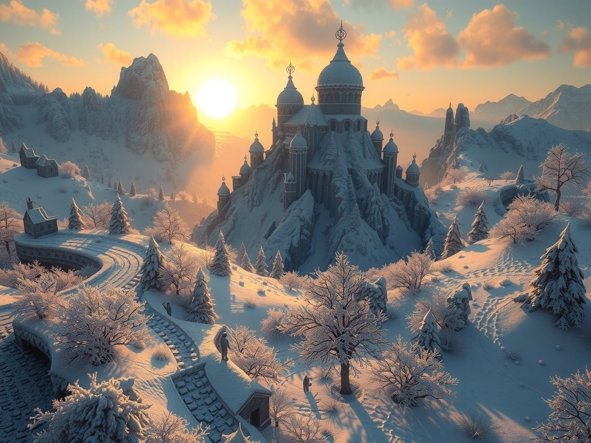 Castle on a Snow-Covered Mountain at Sunset