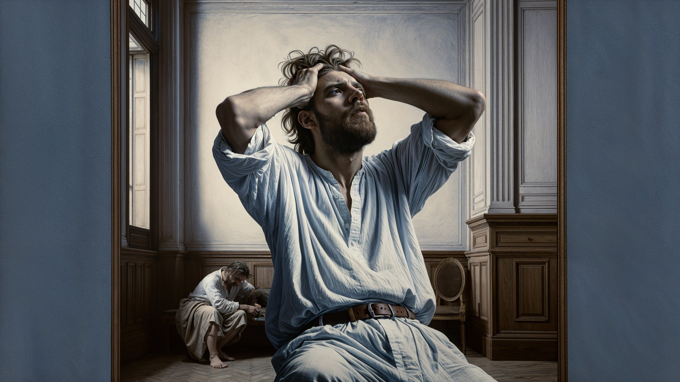 Man in Distress with Architectural Background Details