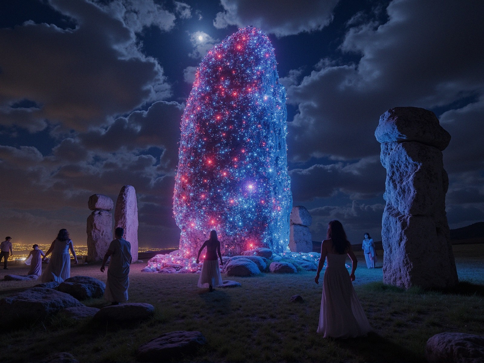 Mystical Landscape with Illuminated Stone Structure