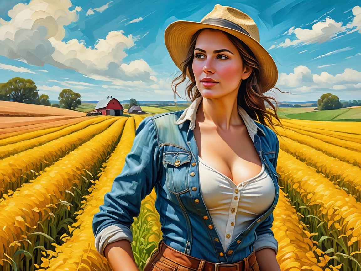 Woman in Denim Shirt in Yellow Flower Field