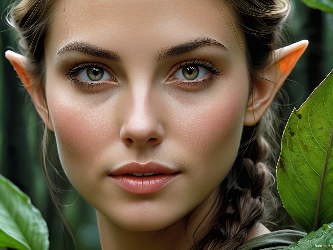 Young woman with green eyes in lush foliage setting