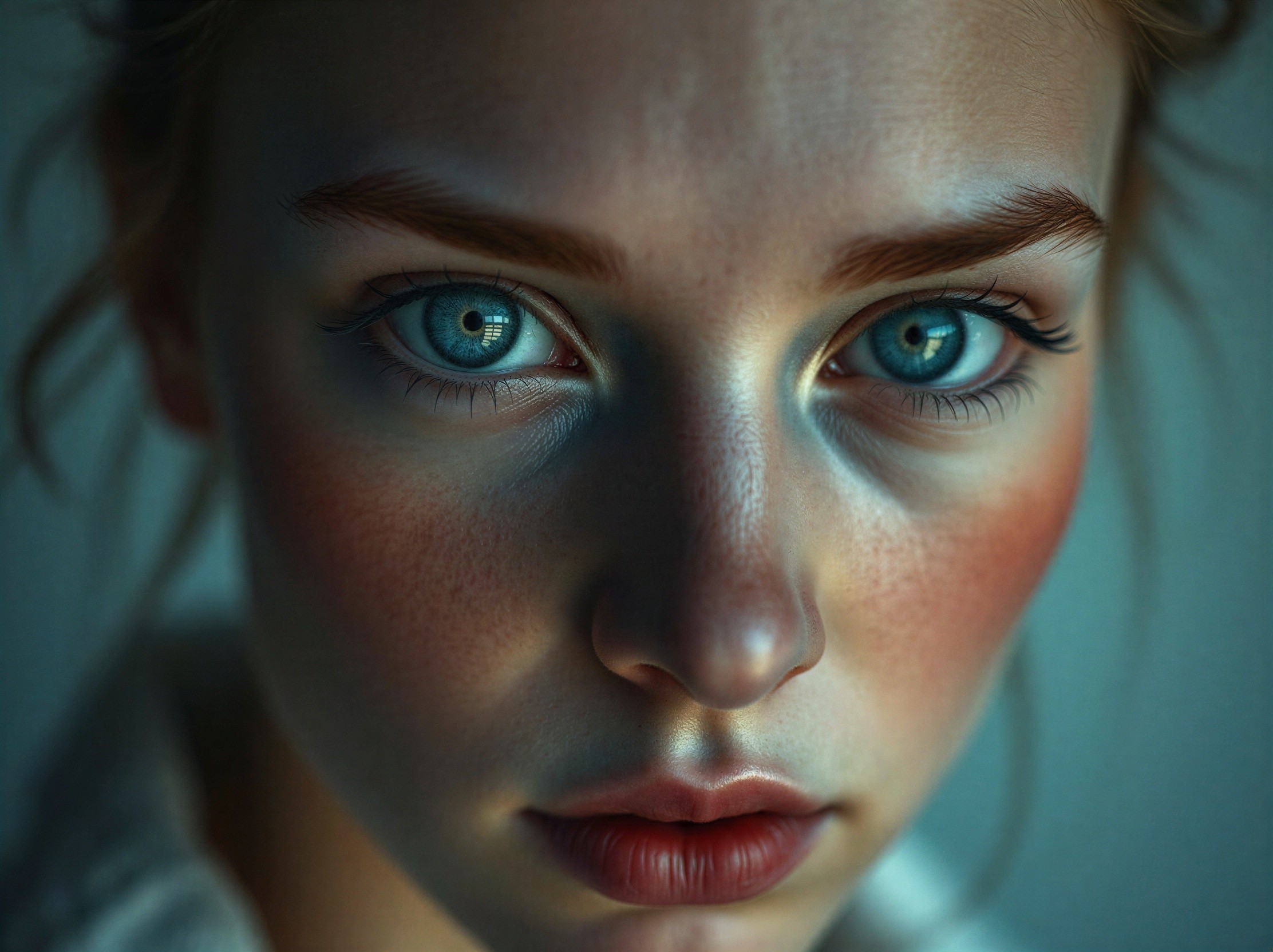 Close-Up of Young Woman's Face with Blue Eyes
