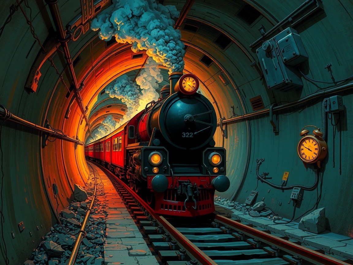 Vintage steam train emerging from dark tunnel with smoke