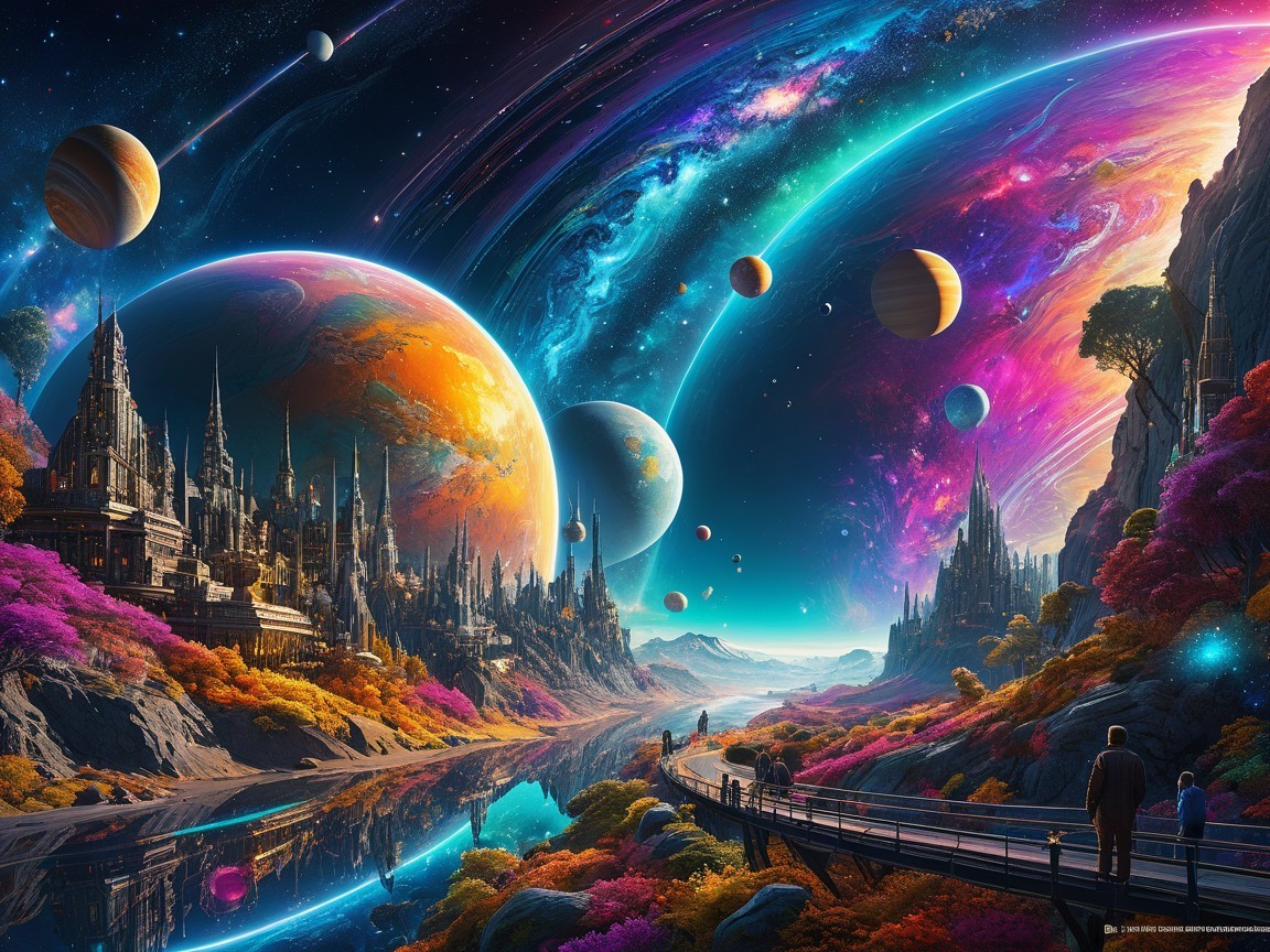 Vibrant Cosmic Landscape with Galaxies and Castles