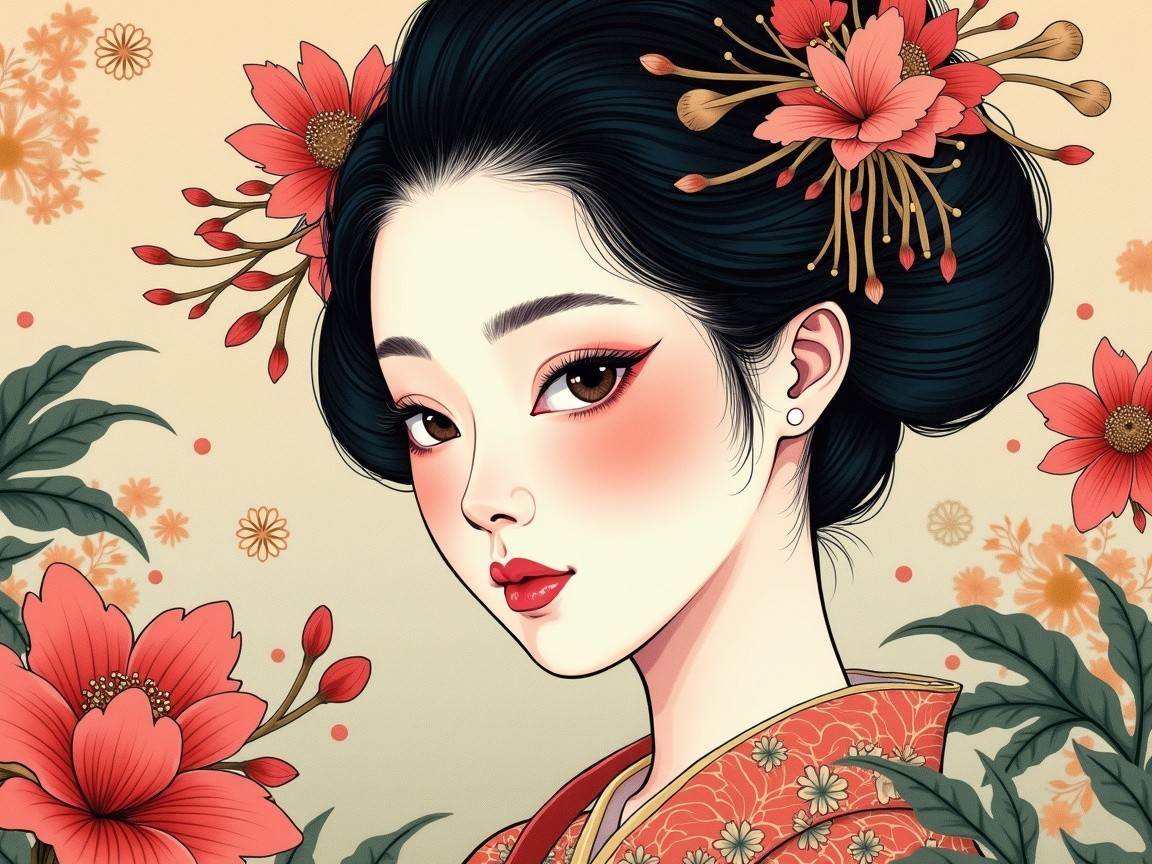 Serene Young Woman in Traditional Kimono with Flowers