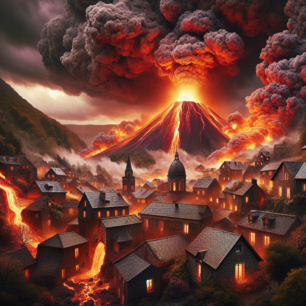Volcanic Eruption with Lava Flowing Towards Village