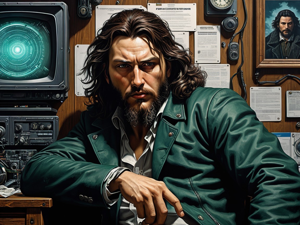 Brooding Figure in Vintage Communication Setup
