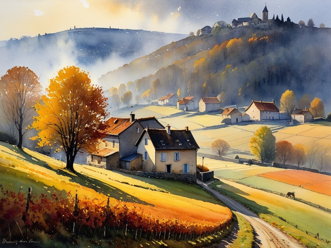 Autumn Landscape with Rolling Hills and Quaint Houses