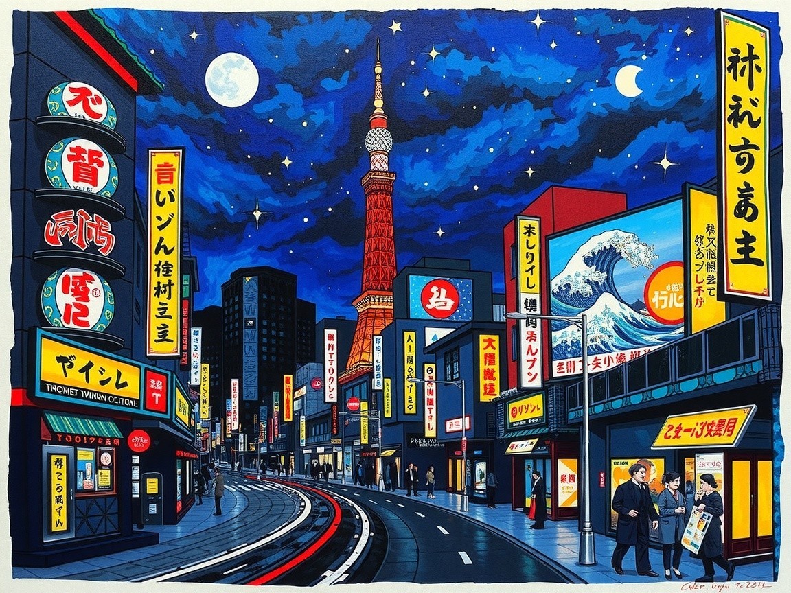 Vibrant Tokyo Night Scene with Neon Signs and Tram
