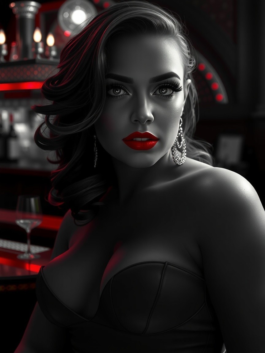Elegant Woman in Makeup at Dimly Lit Bar