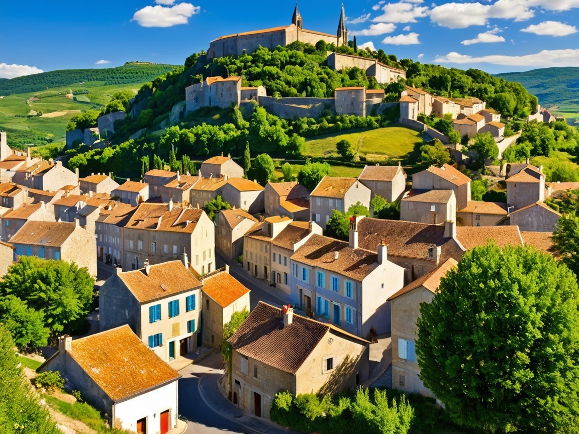 Picturesque Village with Stone Houses and Historic Fortress
