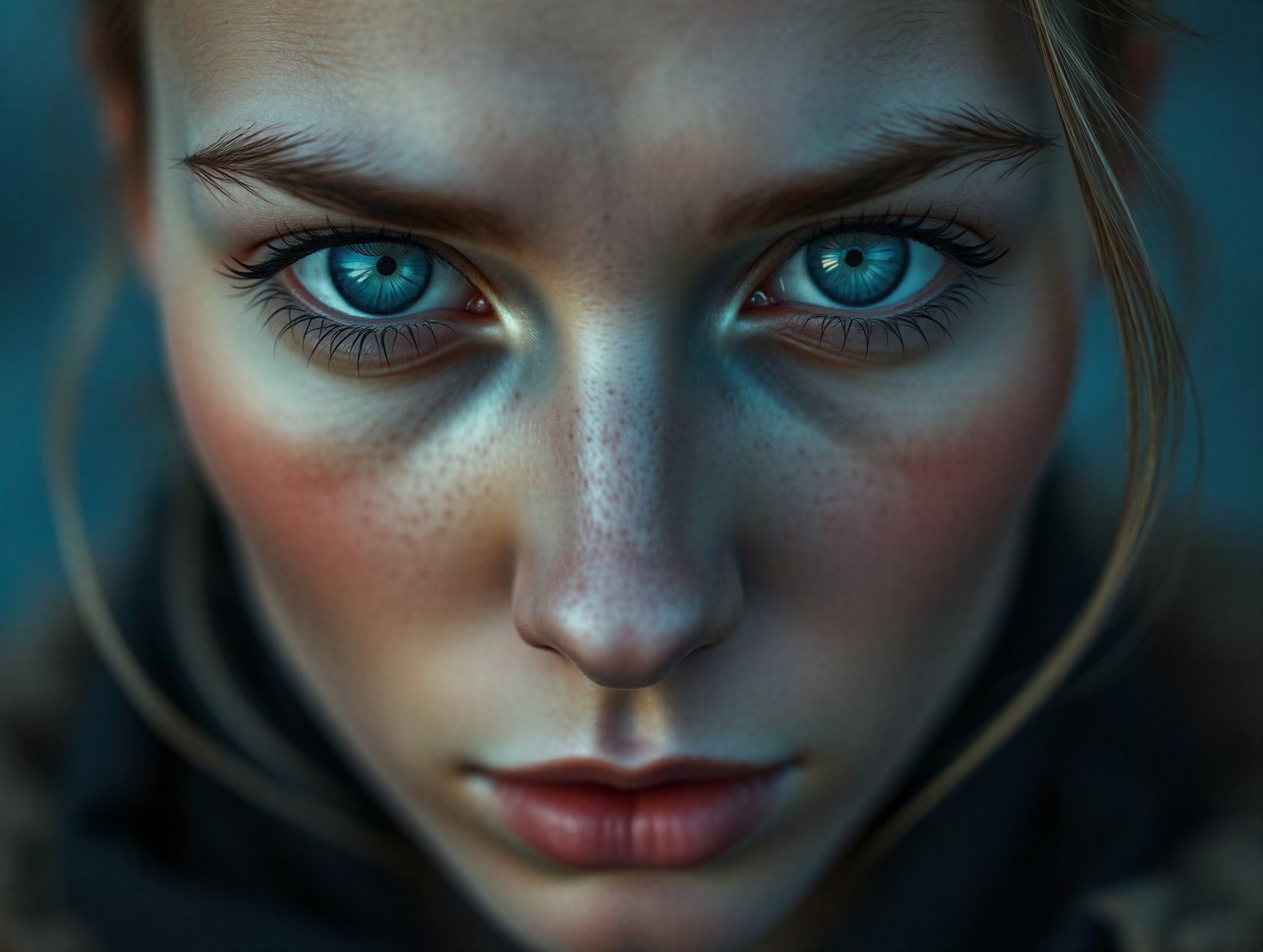 Close-up portrait of a young woman with blue eyes