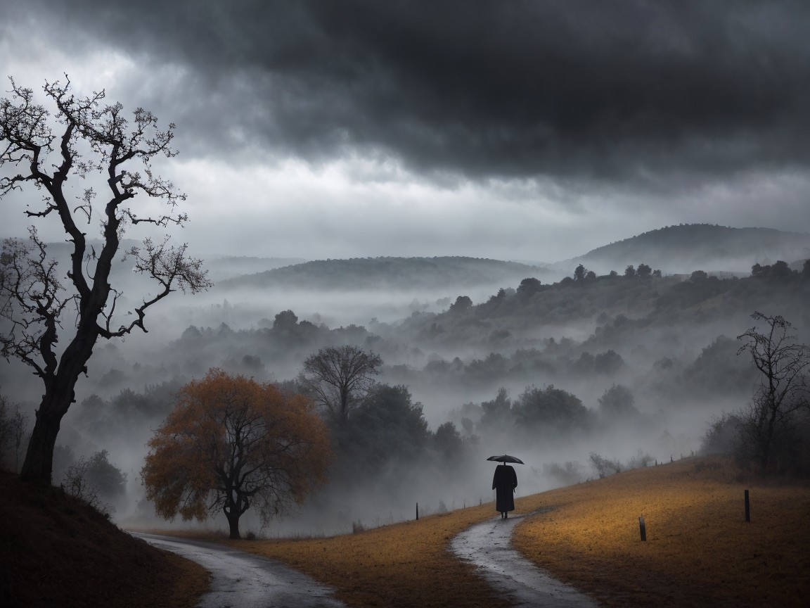 Lone Figure Under Umbrella at Foggy Crossroads