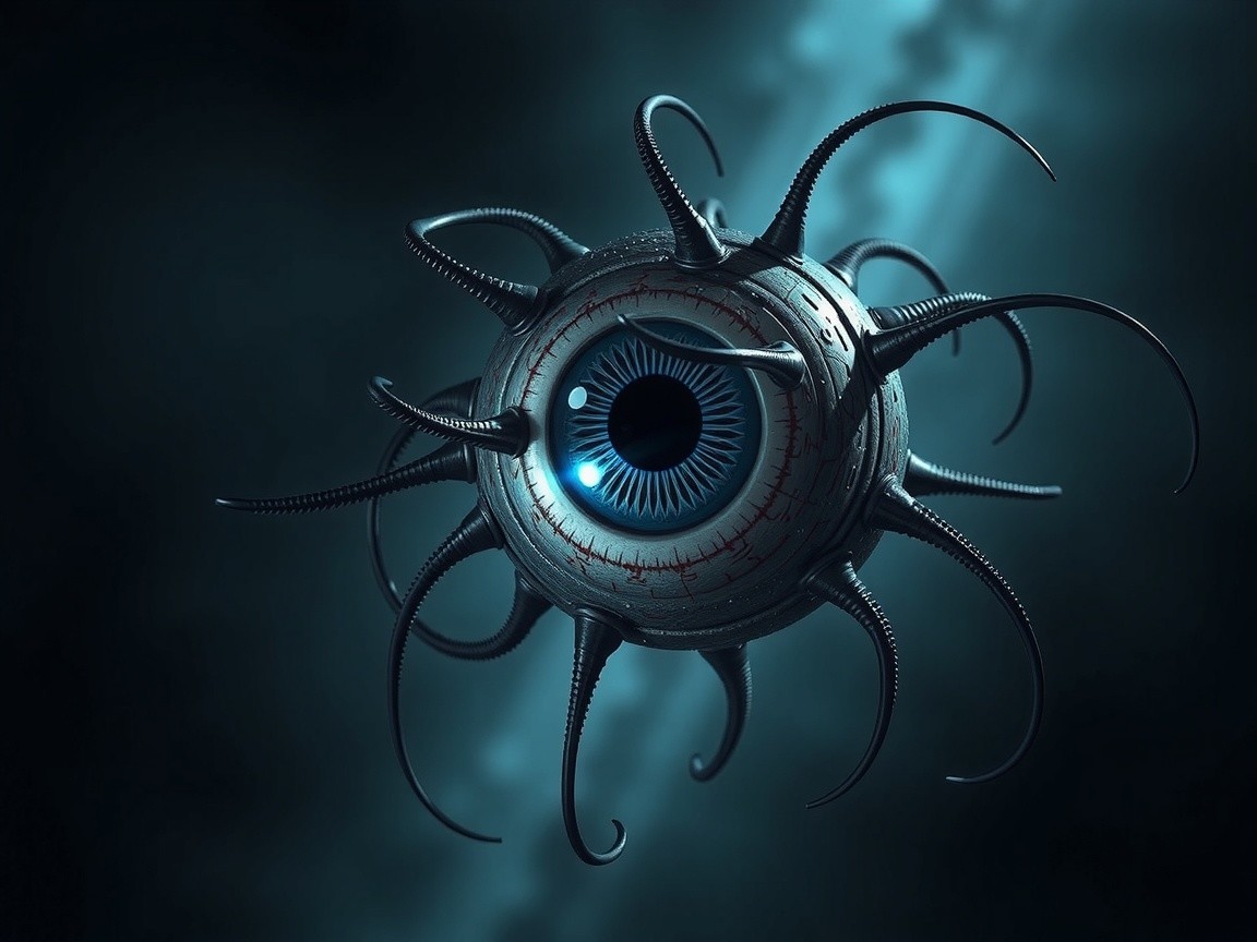 Surreal Futuristic Object with Spherical Eye and Tentacles