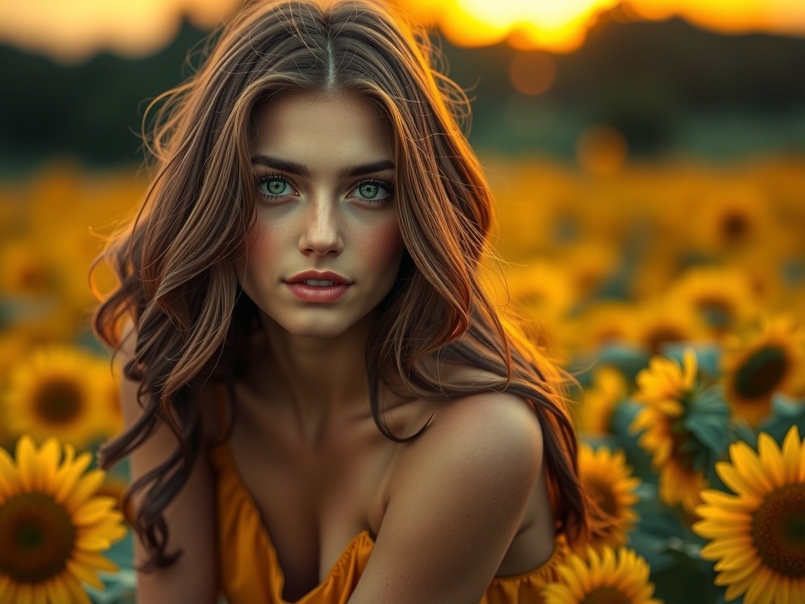 Young Woman in Sunflowers at Sunset