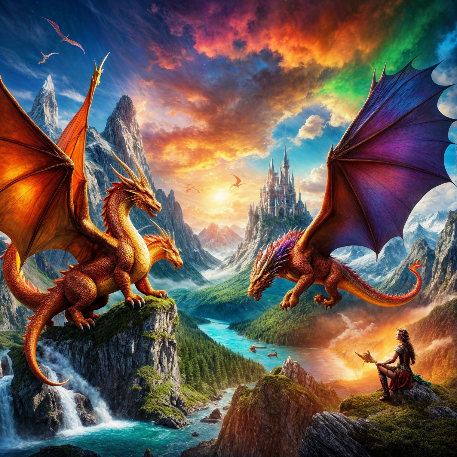 Dragons Soaring Over Mountains at Sunset