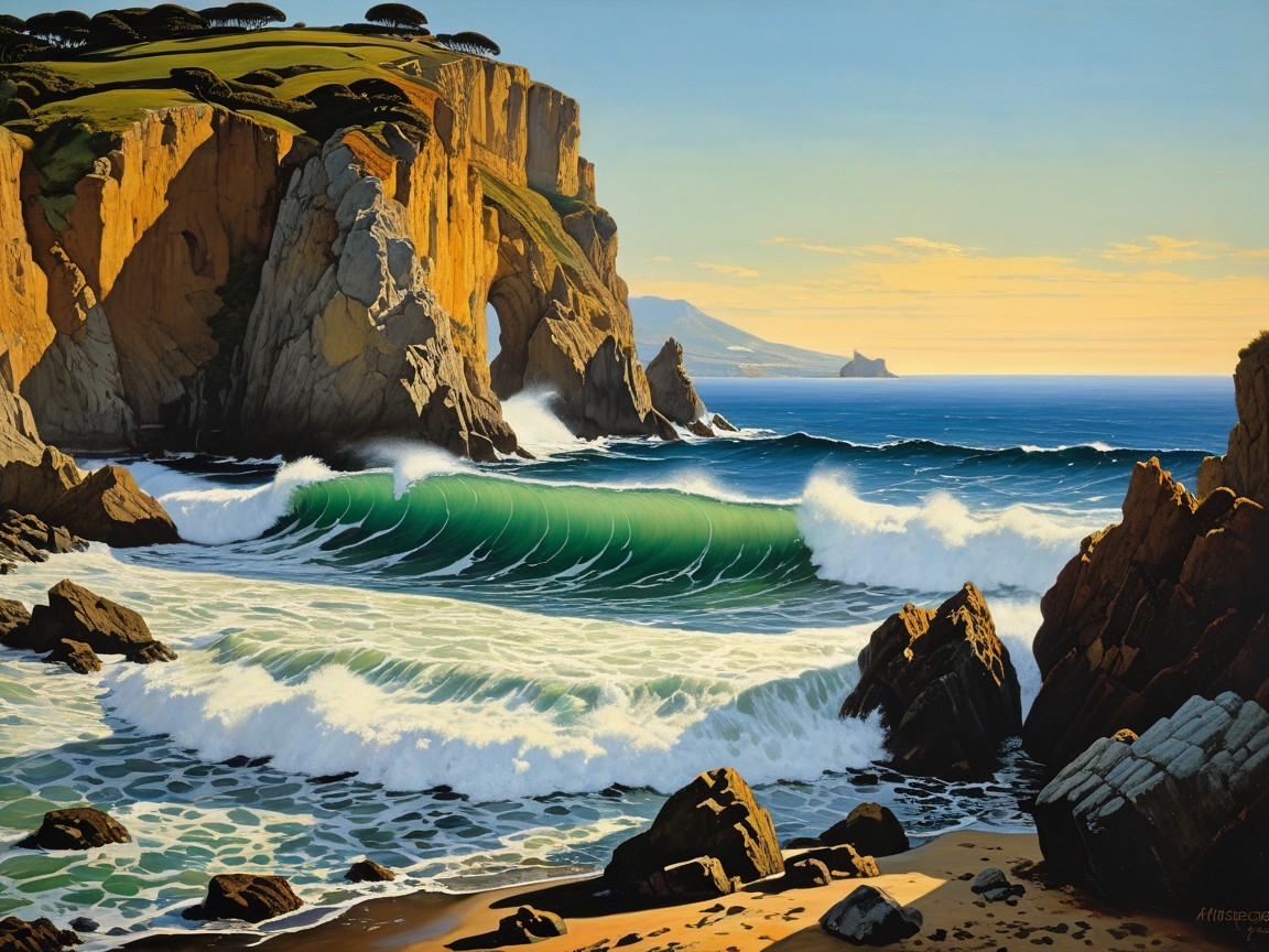 Coastal Scene with Turquoise Waves and Rugged Cliffs