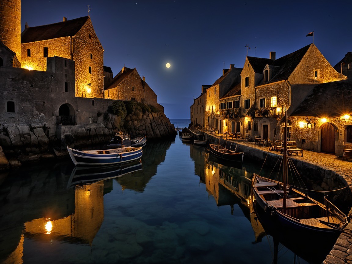 Tranquil Night Scene in a Historic Coastal Village