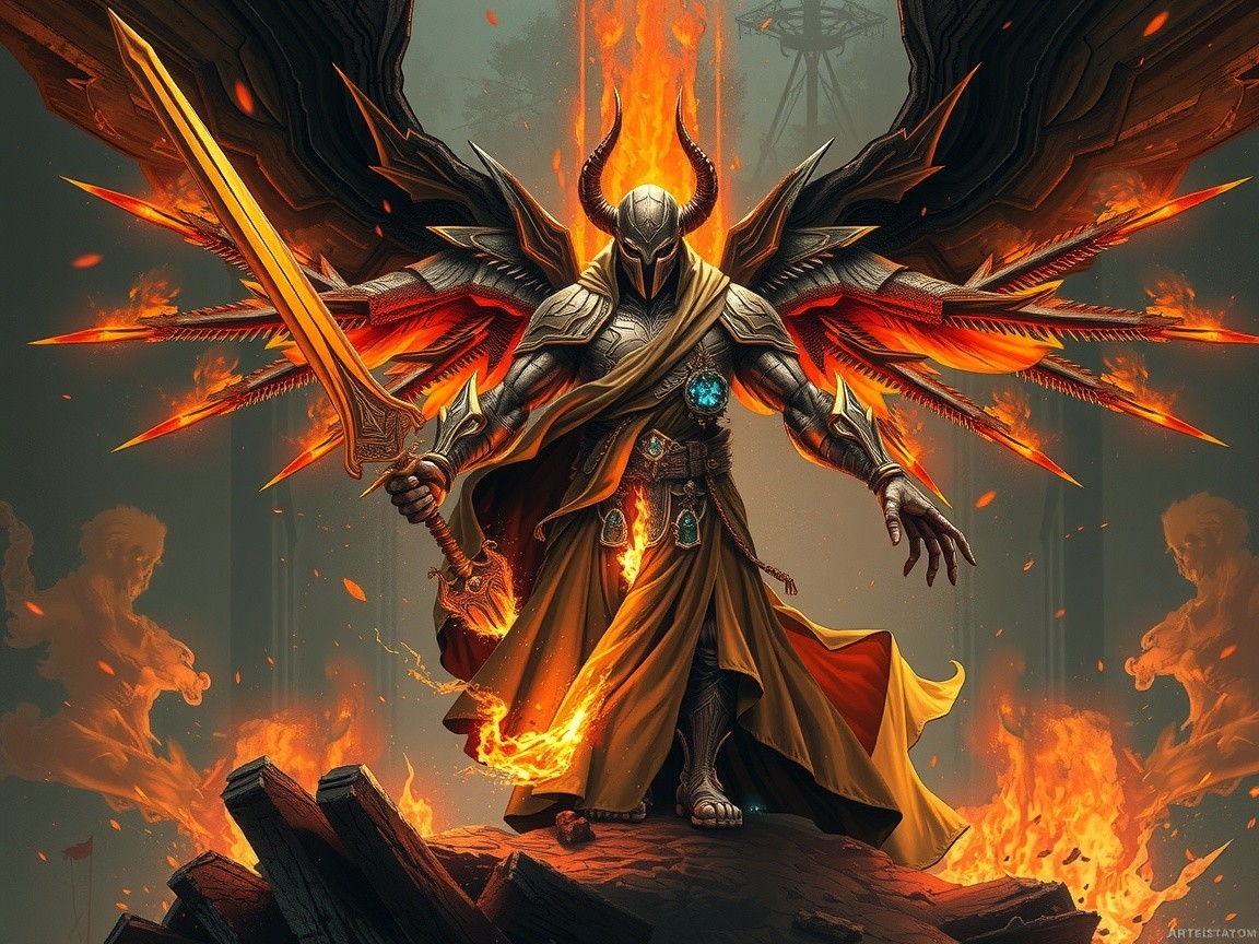 Armored Figure with Sword and Dark Wings Amid Flames