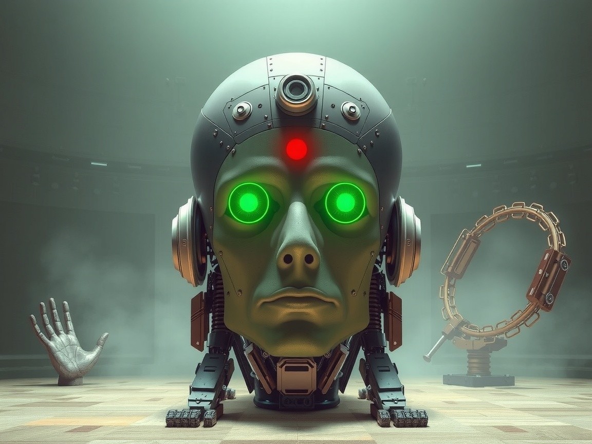Futuristic Robotic Head with Glowing Eyes and Mist