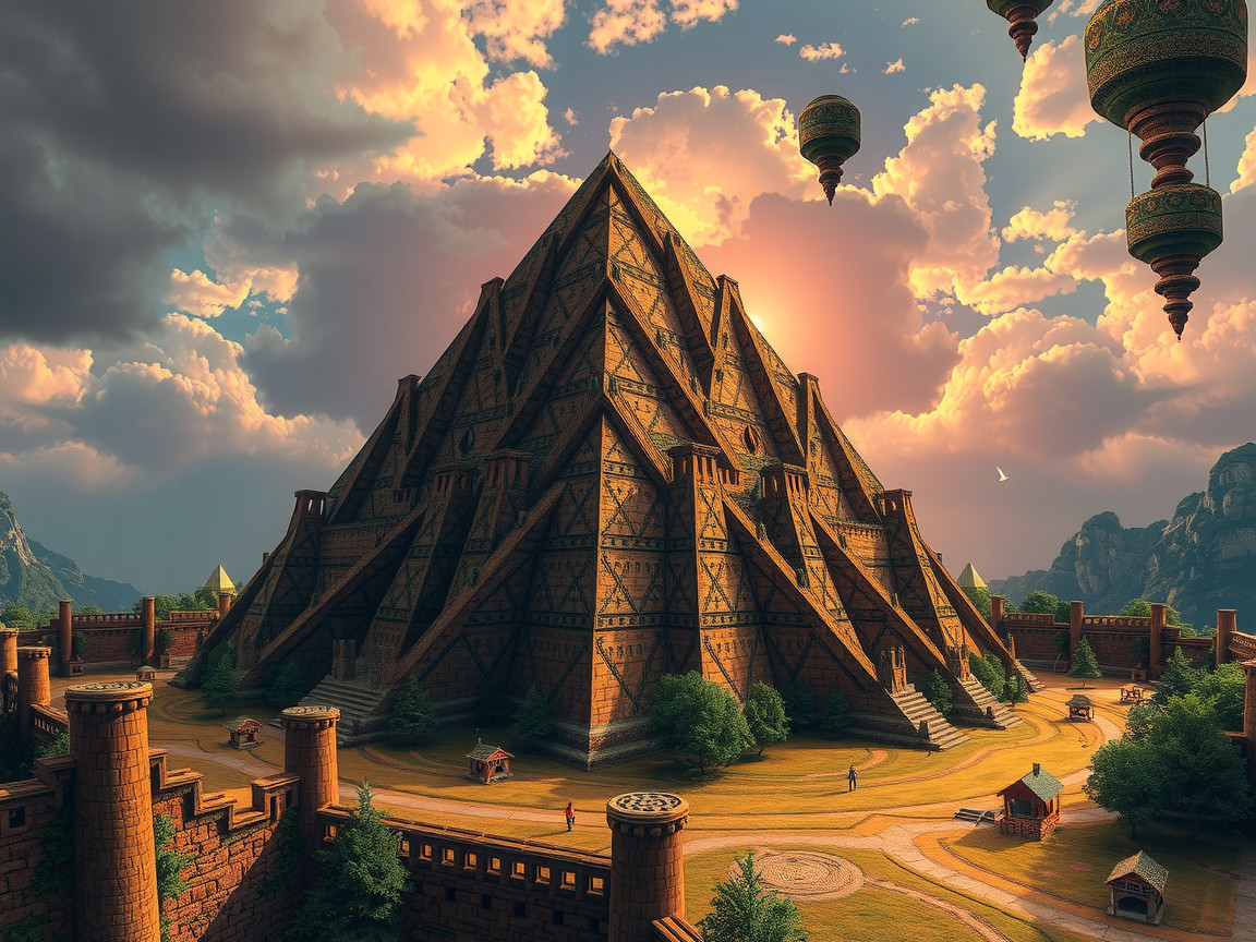 Majestic Pyramid Surrounded by Lush Landscape and Balloons