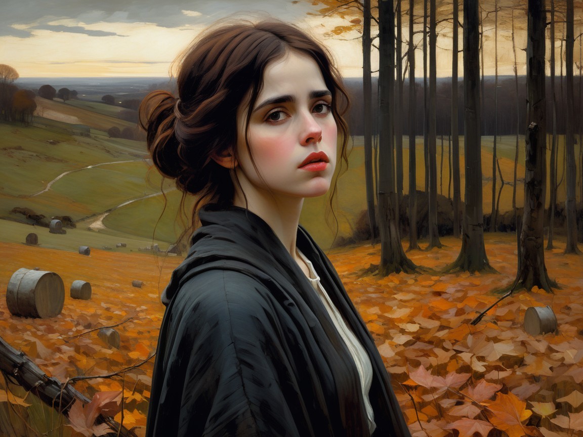 Young Woman in Serene Autumn Landscape with Foliage