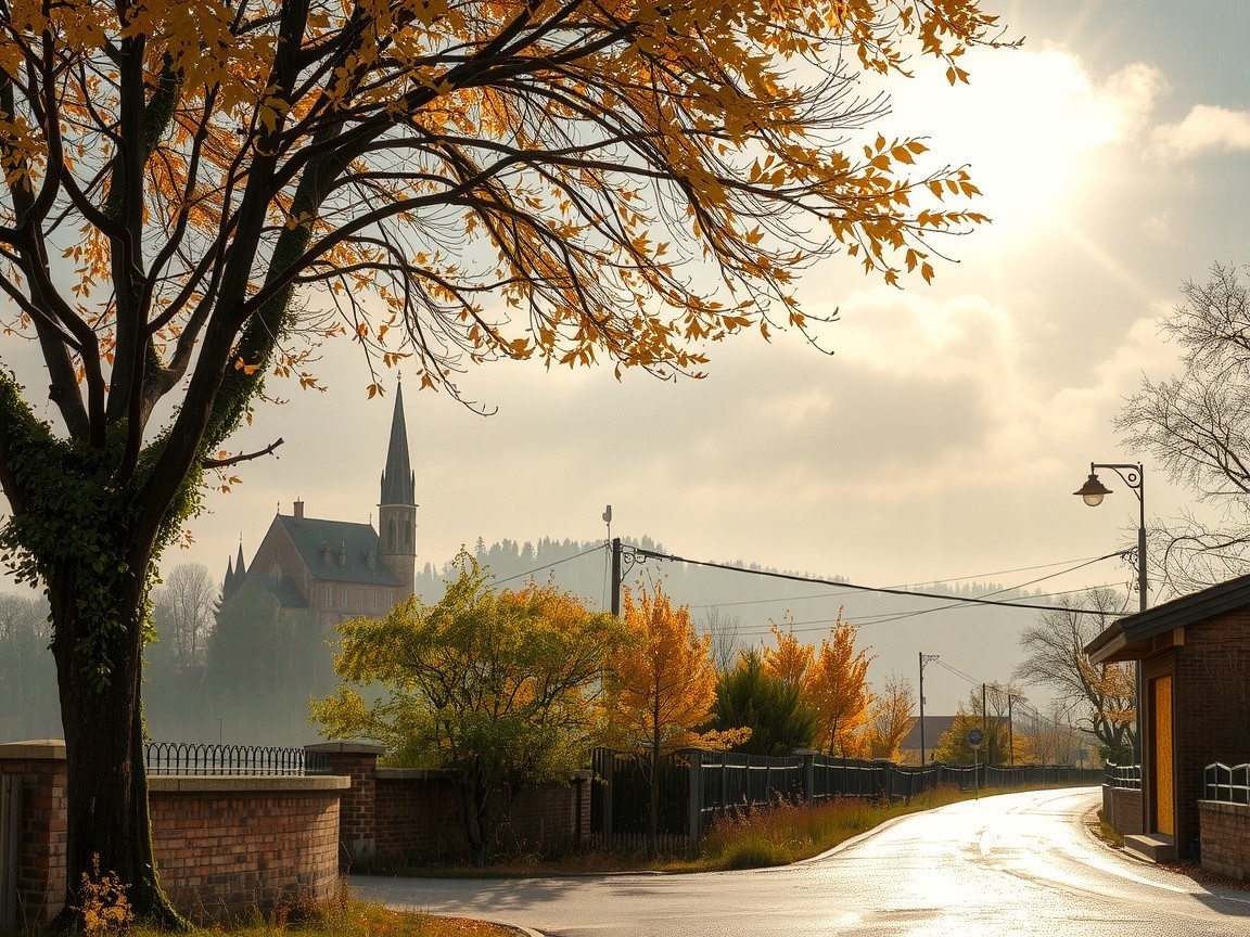 Autumn Landscape with Winding Road and Church