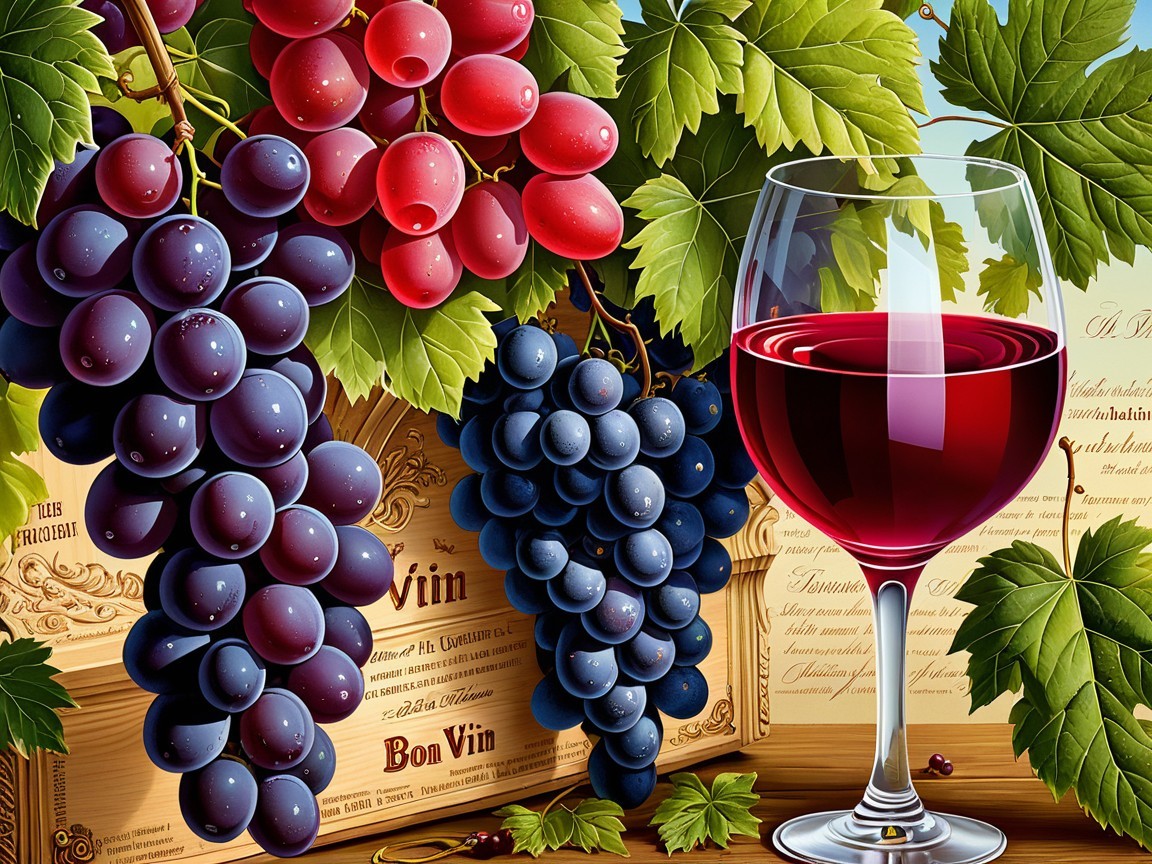 Vibrant Grapes and Red Wine in Vineyard Setting