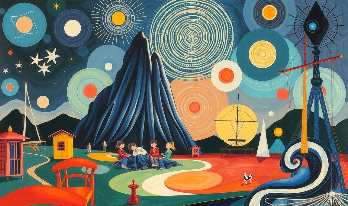 Surreal Landscape with Mountain and Celestial Bodies