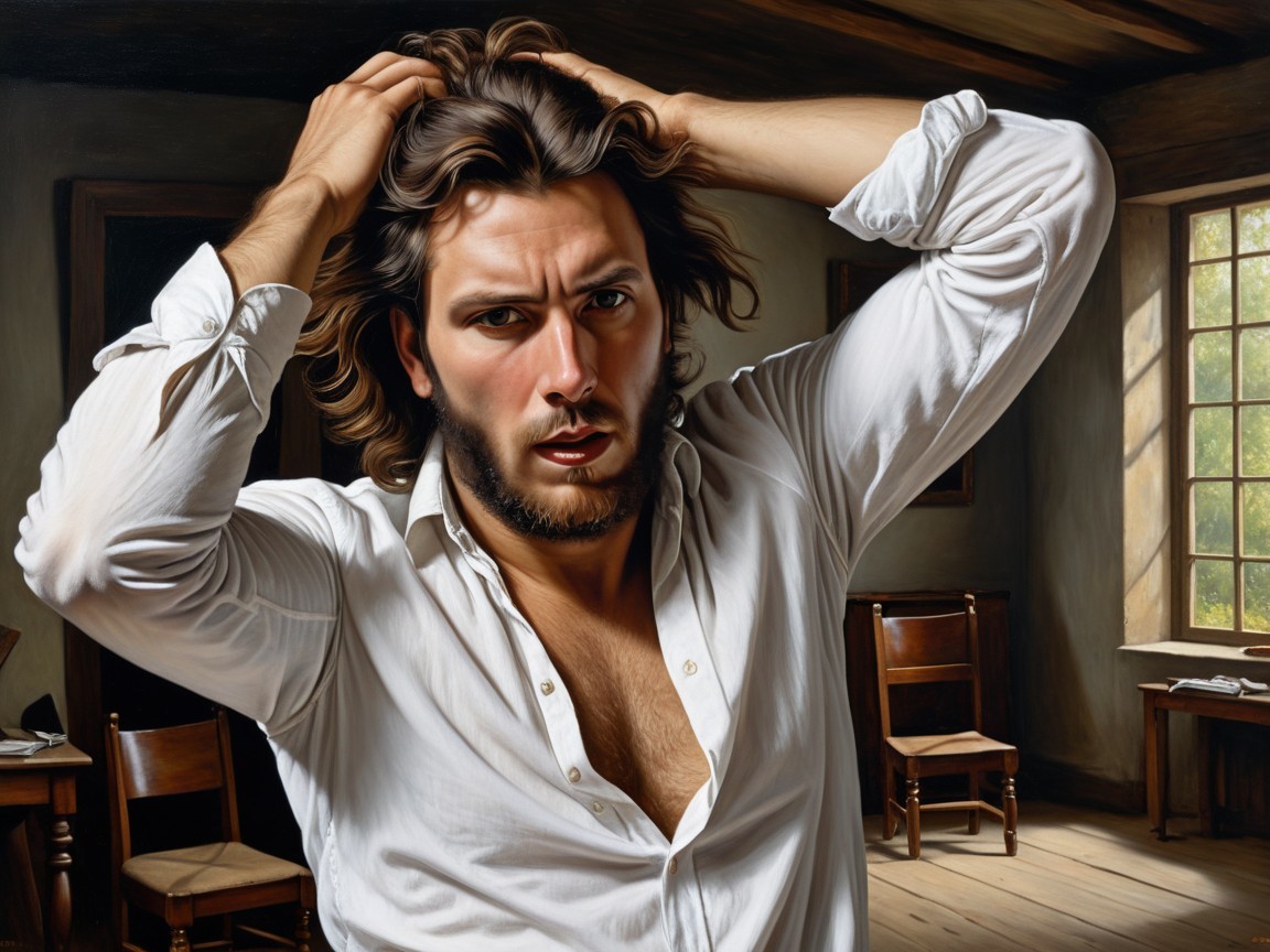 Young man in distress in rustic, dimly-lit room