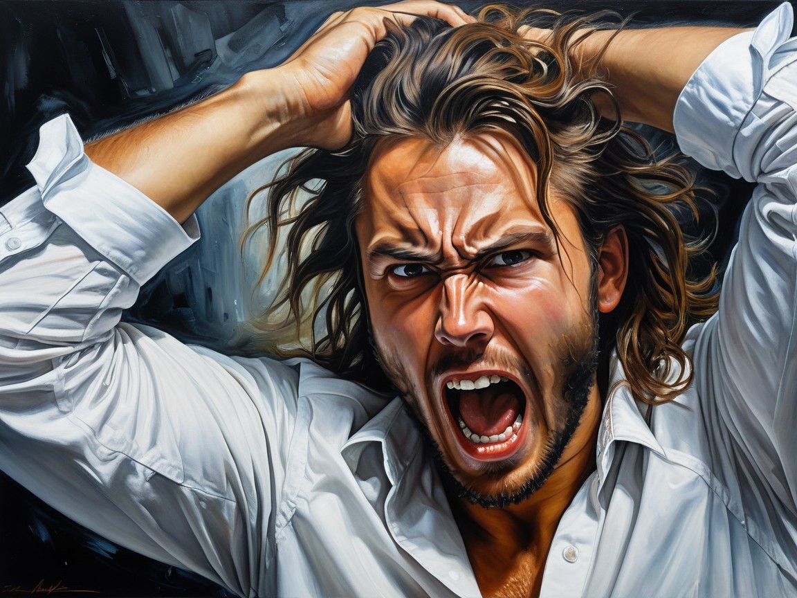Painting of a man in anguish with intense expression
