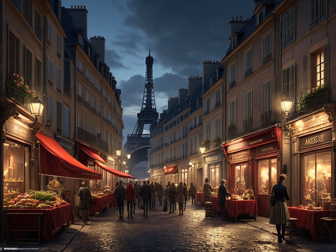 Twilight Parisian Street Scene with Eiffel Tower and Stalls