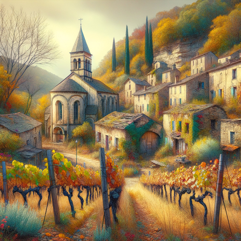 Quaint village among vineyards with autumn foliage