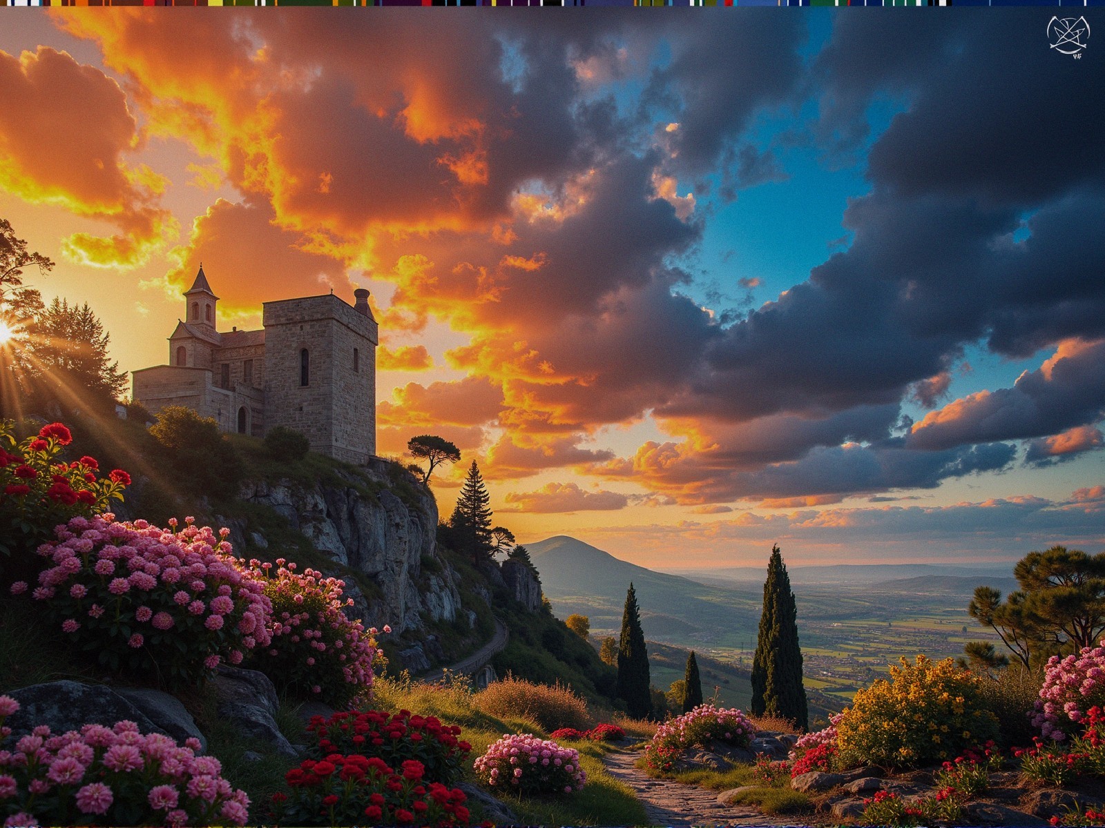 Sunset Over a Castle Surrounded by Vibrant Nature