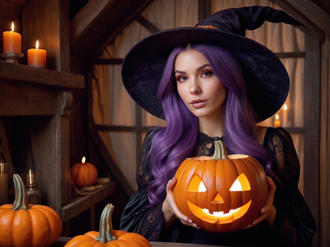 Woman in Witch Hat with Pumpkin in Rustic Setting