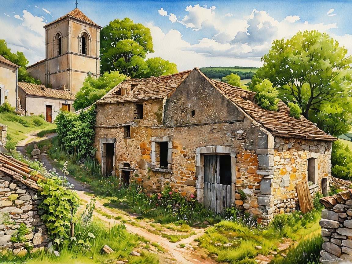 Charming Rural Scene with Stone Buildings and Church Tower