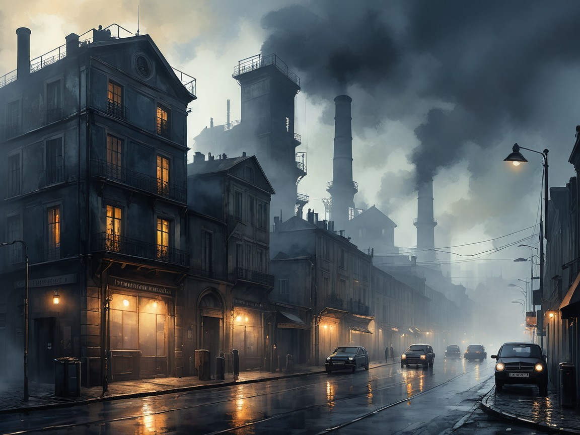 Moody Industrial Street Scene at Dusk with Smoke