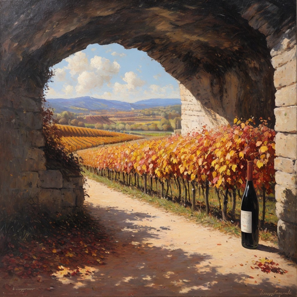 Vineyard Scene Through Stone Archway in Autumn