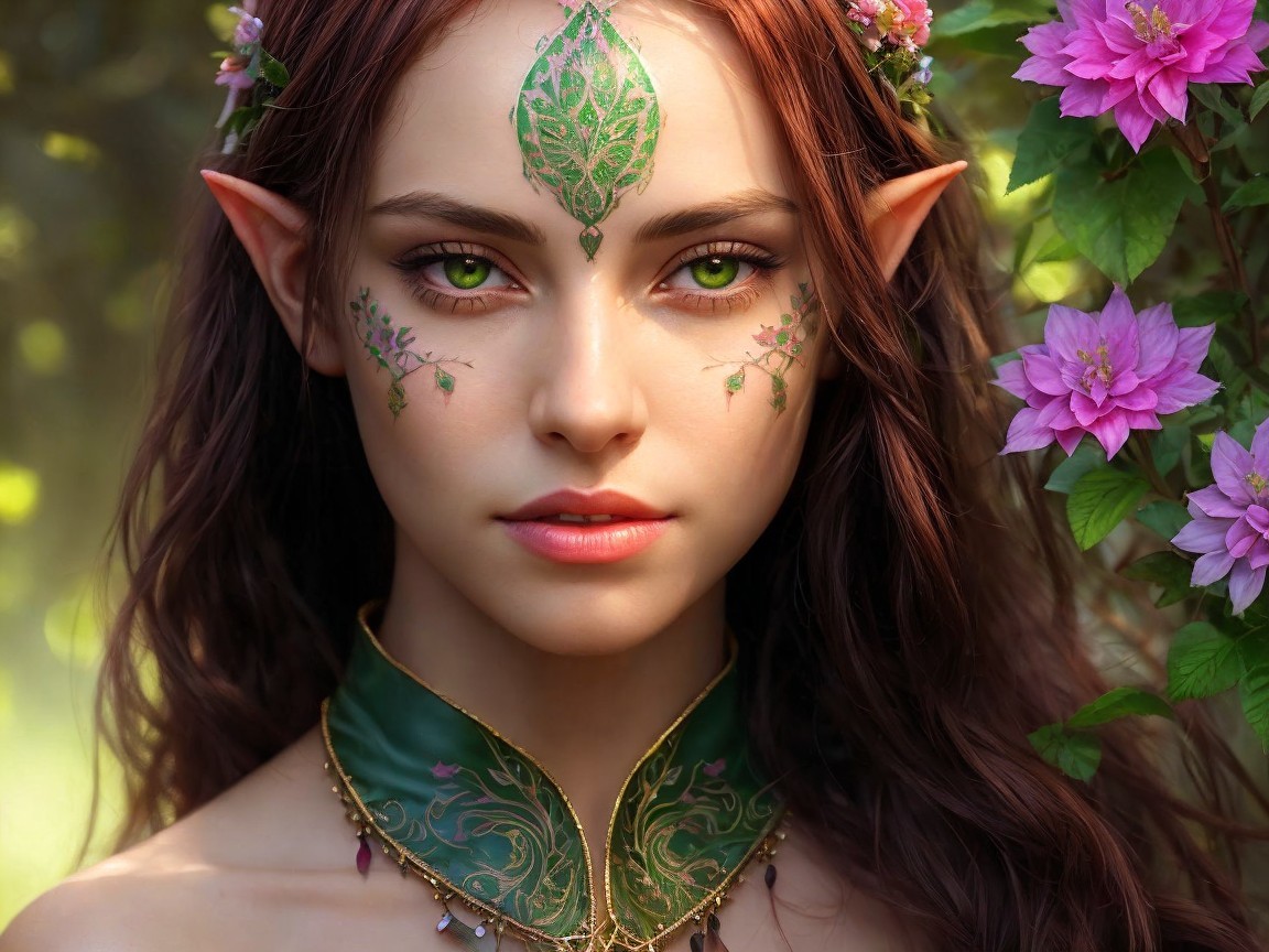 Ethereal Elf-Like Figure with Floral and Greenery Elements