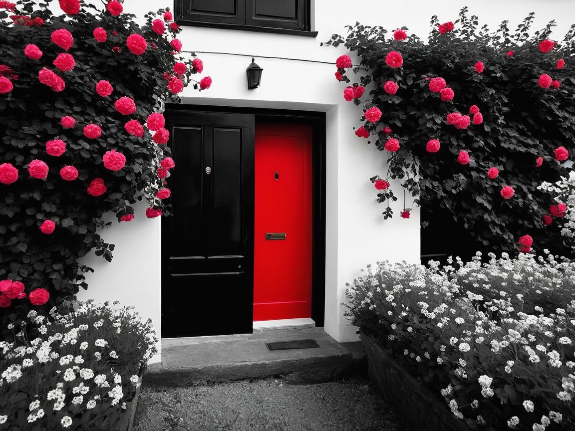 Bold Red Door Framed by Black Doors and Roses