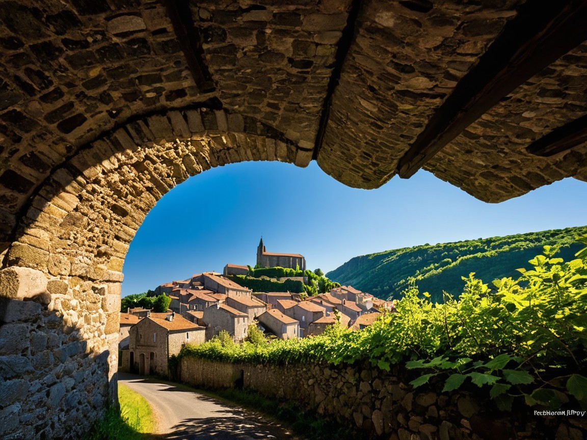 Picturesque Village Surrounded by Lush Green Hills
