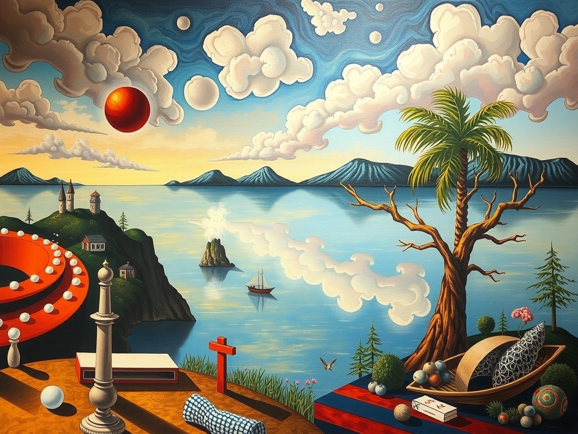 Surreal Landscape with Vibrant Sky and Unique Objects